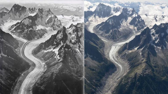 Imágenes aéreas evidencian el deshielo masivo del Mont Blanc en los últimos 100 años.