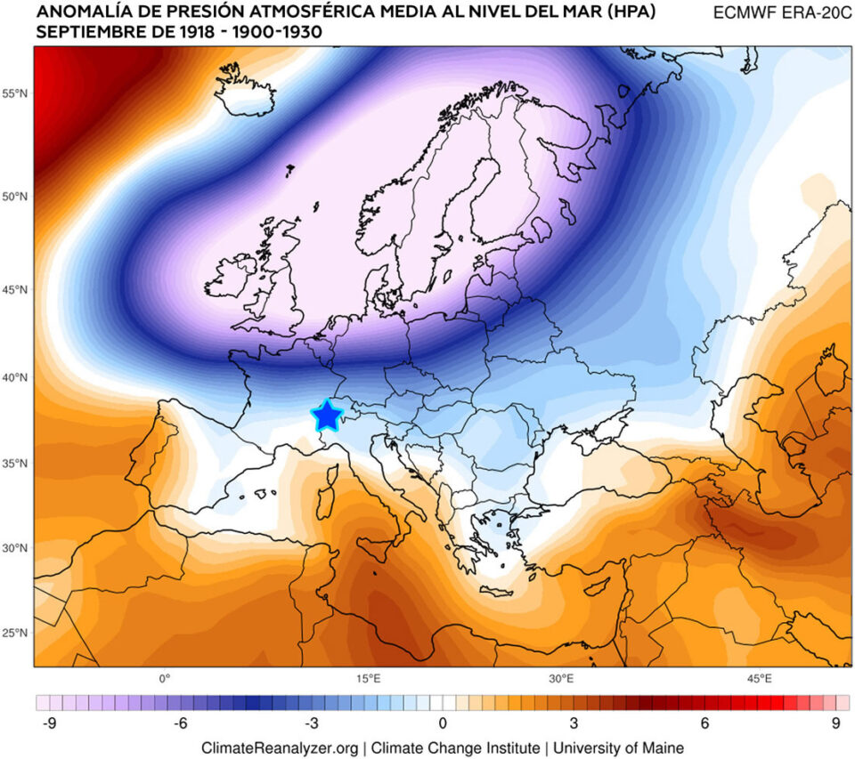 El área de baja presión, frío y precipitaciones (en azul) durante septiembre de 1918 en comparación con el nivel promedio entre 1900 y 1930. La estrella indica el glaciar donde se recogieron las muestras de hielo.