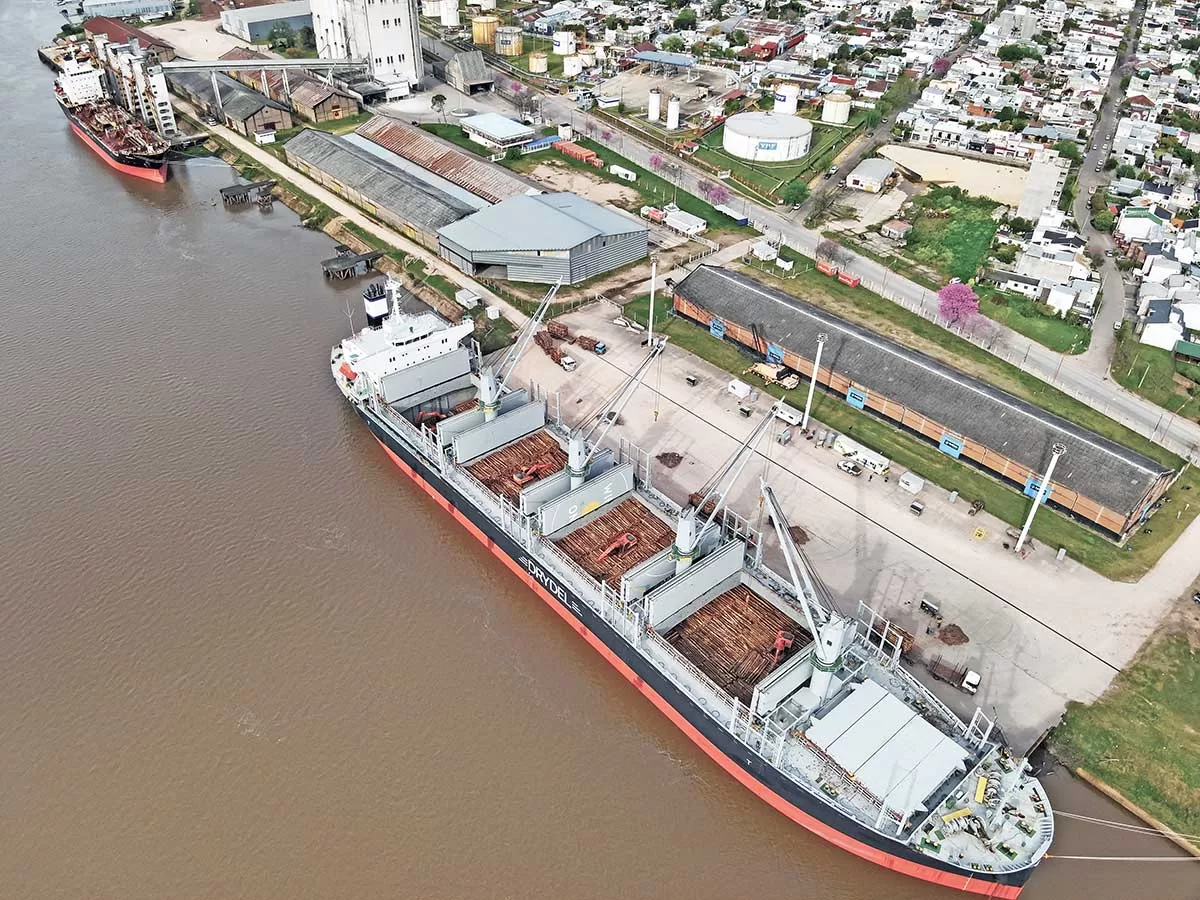 Exportación récord Concepción del Uruguay: buque Allegra cargando madera en el puerto