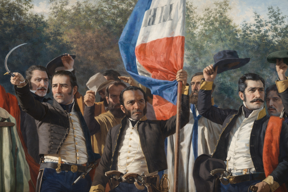 Recreación histórica del Desembarco de los 33 Orientales en la costa del río Uruguay con la bandera de Libertad o Muerte