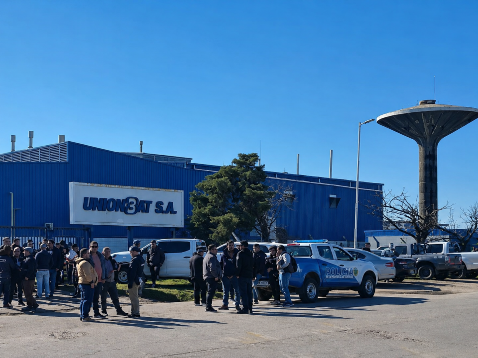 Trabajadores de la fábrica Unión Bat Gualeguaychú mantienen una guardia en el Parque Industrial tras los despidos.